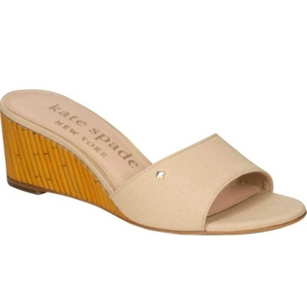 Kate Spade Meena Wedge Sandal Warm Stone Canvas Bamboo Heel Slide Neutral Size 8